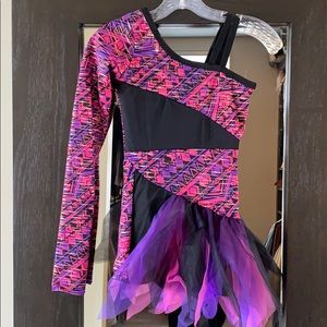 One sleeve girls dance costume with small tutu. Black, pink and purple.